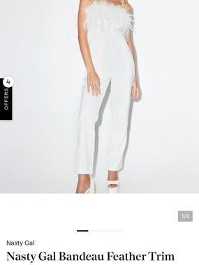 White Party, Bridal, Holiday Strapless Feather-Trim Sleeveless Jumpsuit M/6 NWT